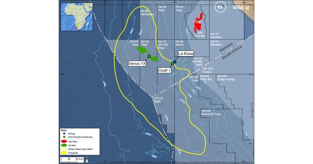 Offshore Namibia and South Africa showing licensed acreage, block operators, possible extent of the Aptian-Albian Play Fairway and recent discoveries. Source: Wildcat, Westwood Analysis