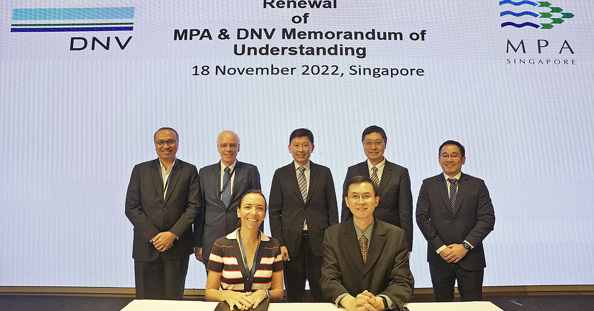 Signing the MOU (front): Cristina Saenz de Santa Maria, Regional Manager South-East Asia, Pacific & India, Maritime at DNV, and Kenneth Lim, Assistant Chief Executive (Industry and Transformation), MPA. Witnessing (back, left to right): Dr. Shahrin Osman, Regional Head of Maritime Advisory at DNV; H.E. Eivind S Homme, Norway’s Ambassador to Singapore; Chee Hong Tat, Senior Minister of State, Ministry of Finance & Ministry of Transport; Teo Eng Dih, Chief Executive, MPA, and Ng Yi Han, Director (Innovation, Technology and Talent Development), MPA.